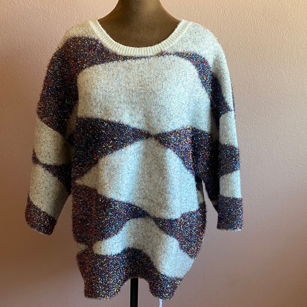 MOTH  By Anthropology Cream Sweater with Multicolor Metallic Wave Pattern